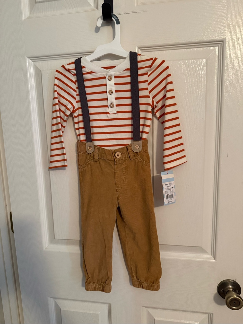 Cat & Jack Orange-Striped Henley Top with Chestnut Pants & Navy Suspenders